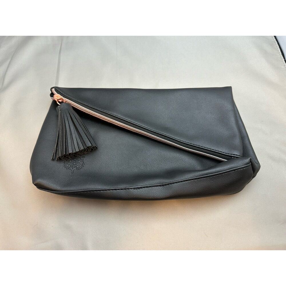 New Foldover Zip Clutch Pouch Handbag Black with Tassel CRABTREE & EVELYN